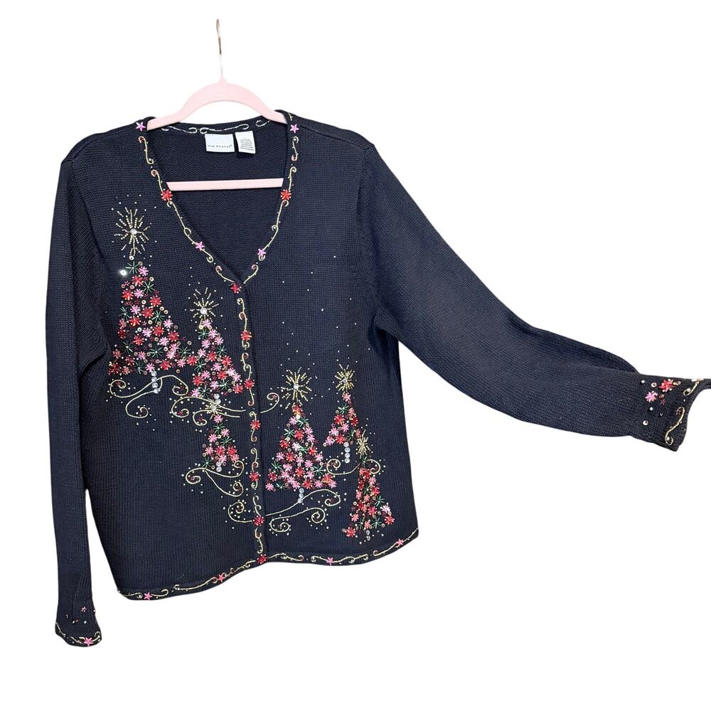 Vintage Christmas trees holiday cardigan sweater sequin beaded large glam girl